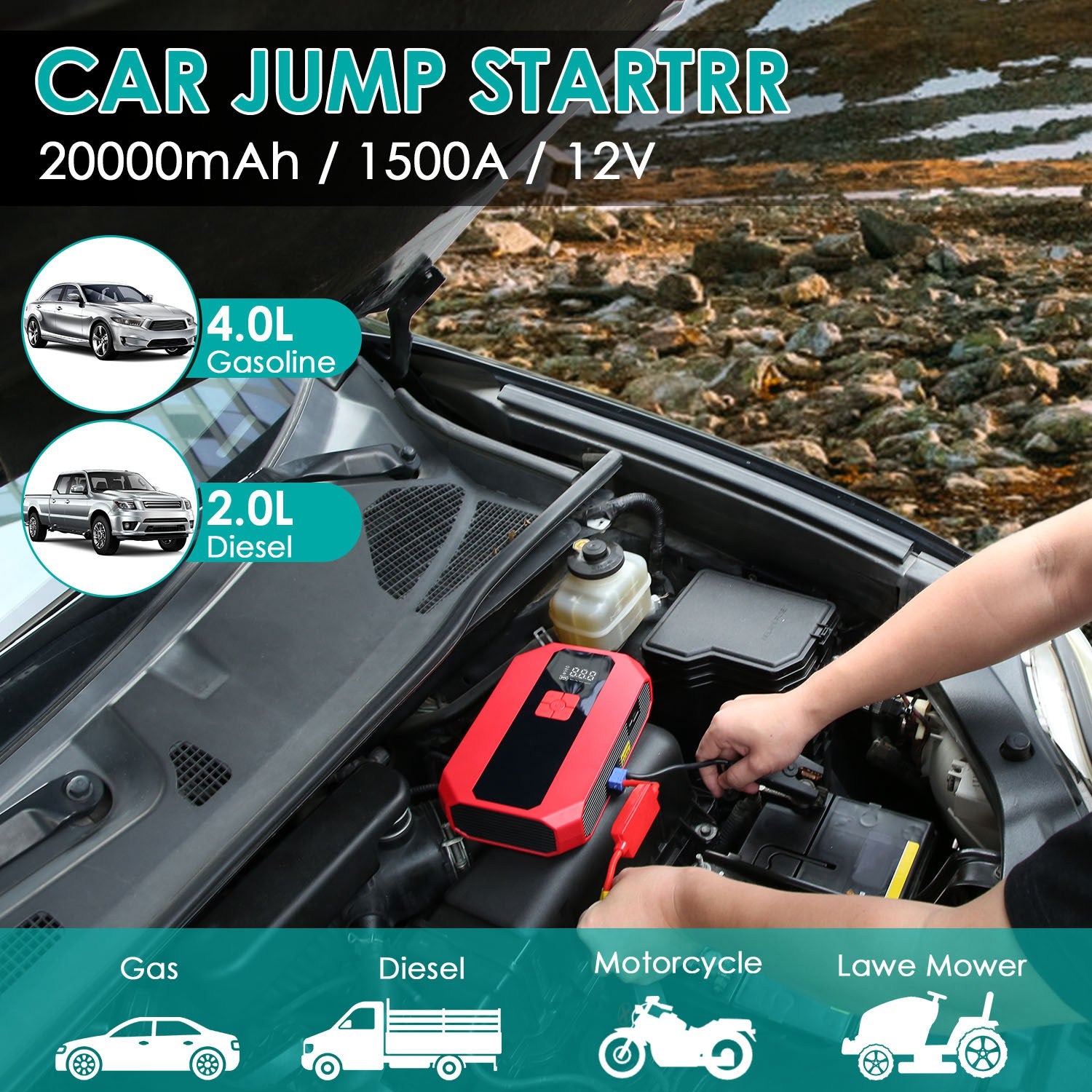 1Pc Portable Car Jump Starter: 1500A & 400PSI Air Compressor