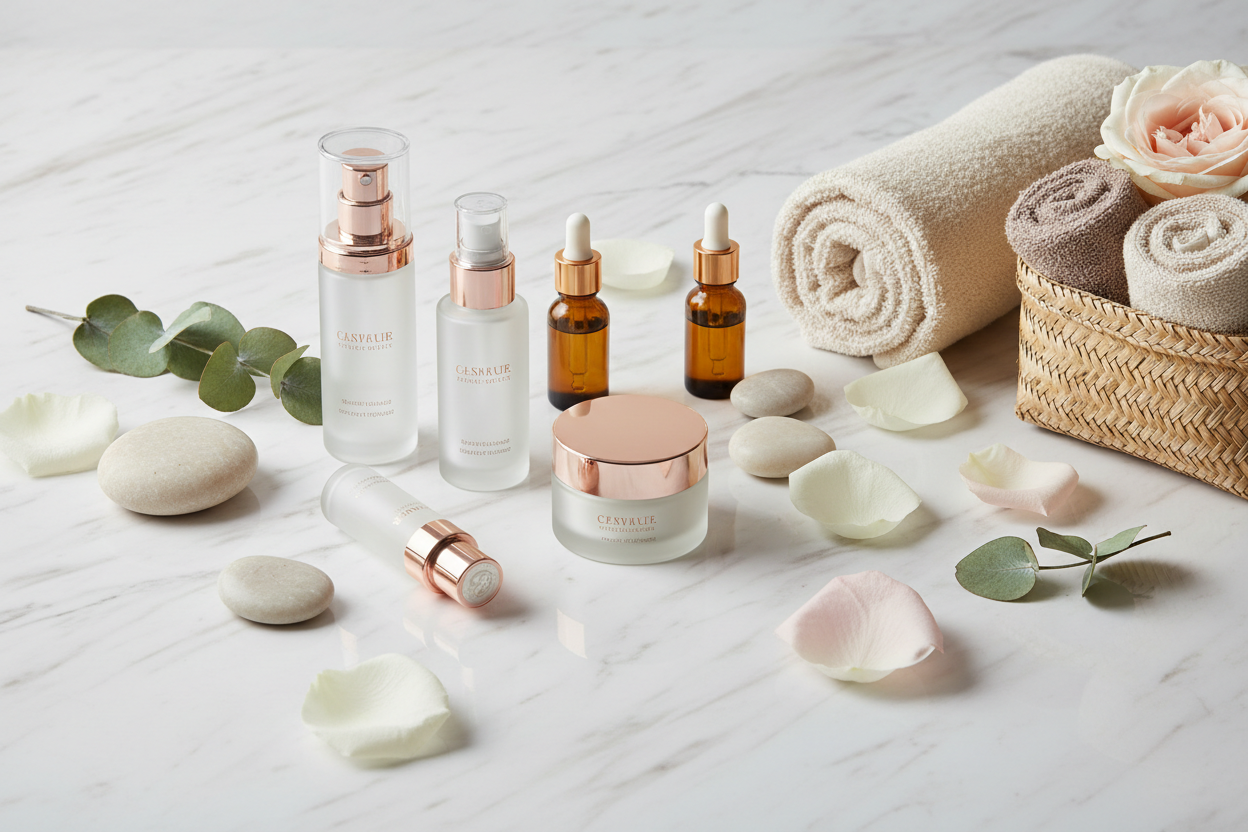 Beauty &amp; Wellness Collection featuring skincare products, towels, and rose petals on a marble surface.