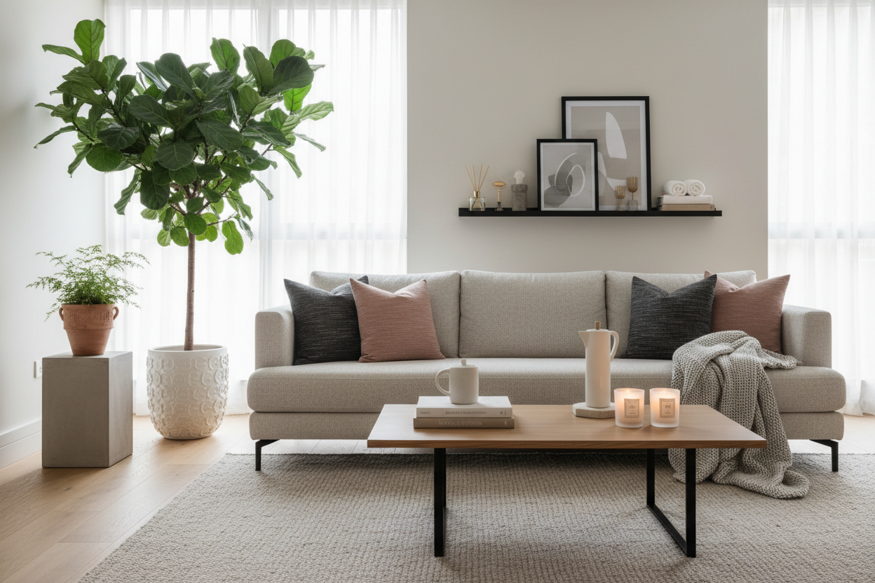 Modern living room with a cozy sofa, candles, and plants, embodying Everyday Lifestyle Upgrades for comfort and style.