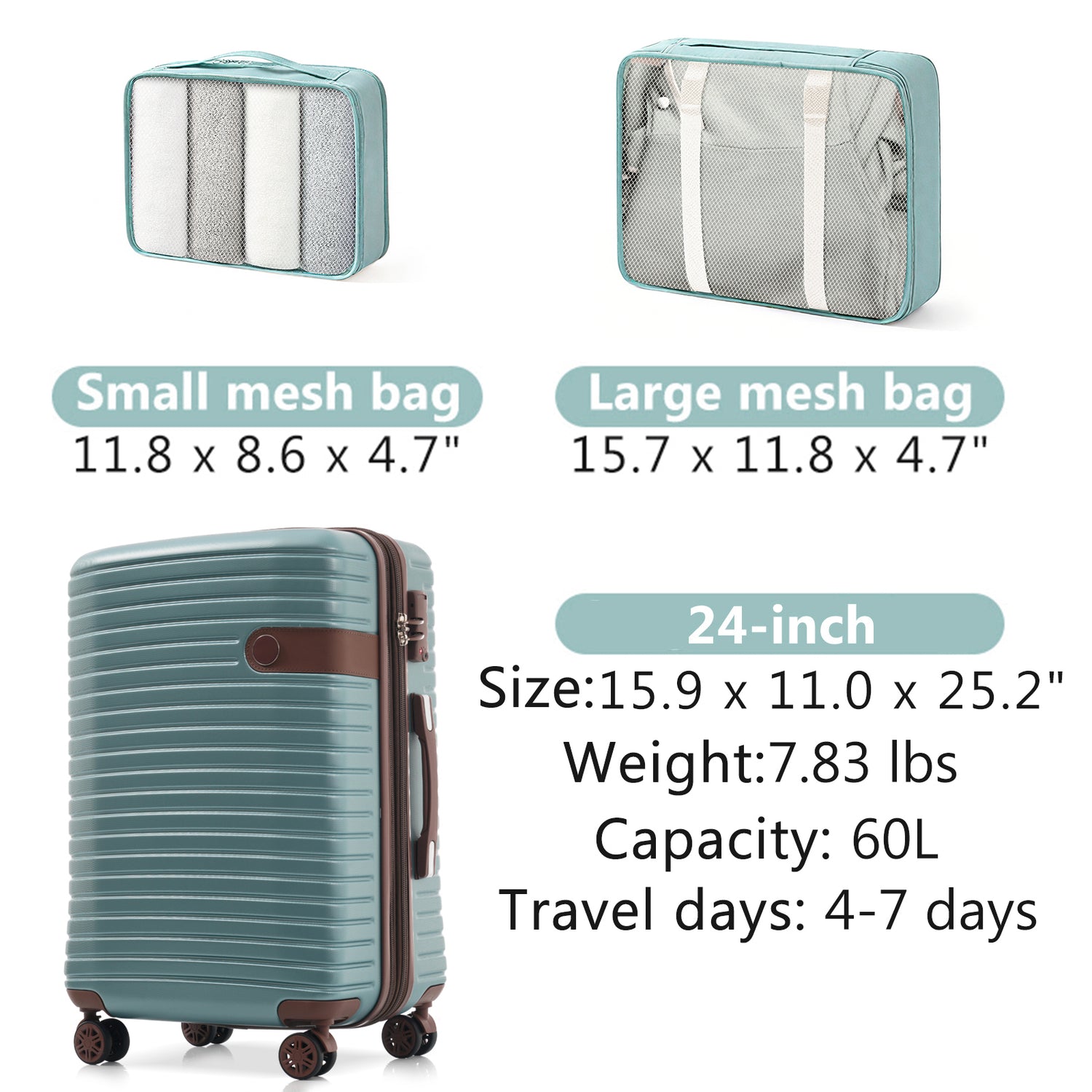 24-Inch Hardshell ABS Luggage, Lightweight Expandable Checked Suitcase With Spinner Wheels, TSA Lock, 2 Packing Cubes Blue