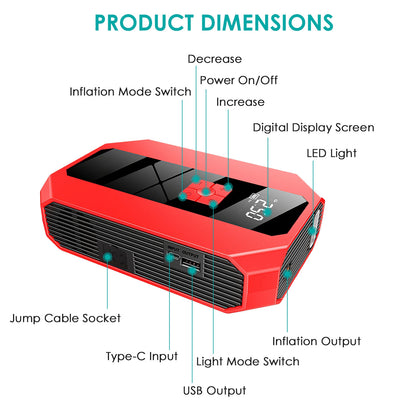 1Pc Portable Car Jump Starter: 1500A &amp; 400PSI Air Compressor