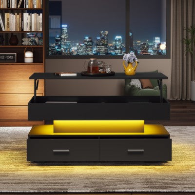 Hydraulic Lift Top Coffee Table, LED Coffee Tables With Storage For Living Room, Coffee Table With 2 Drawers &amp; LED Light For Dining Reception Room, Black