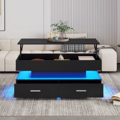 Hydraulic Lift Top Coffee Table, LED Coffee Tables With Storage For Living Room, Coffee Table With 2 Drawers &amp; LED Light For Dining Reception Room, Black
