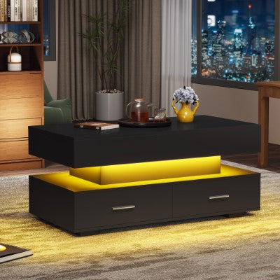 Hydraulic Lift Top Coffee Table, LED Coffee Tables With Storage For Living Room, Coffee Table With 2 Drawers &amp; LED Light For Dining Reception Room, Black