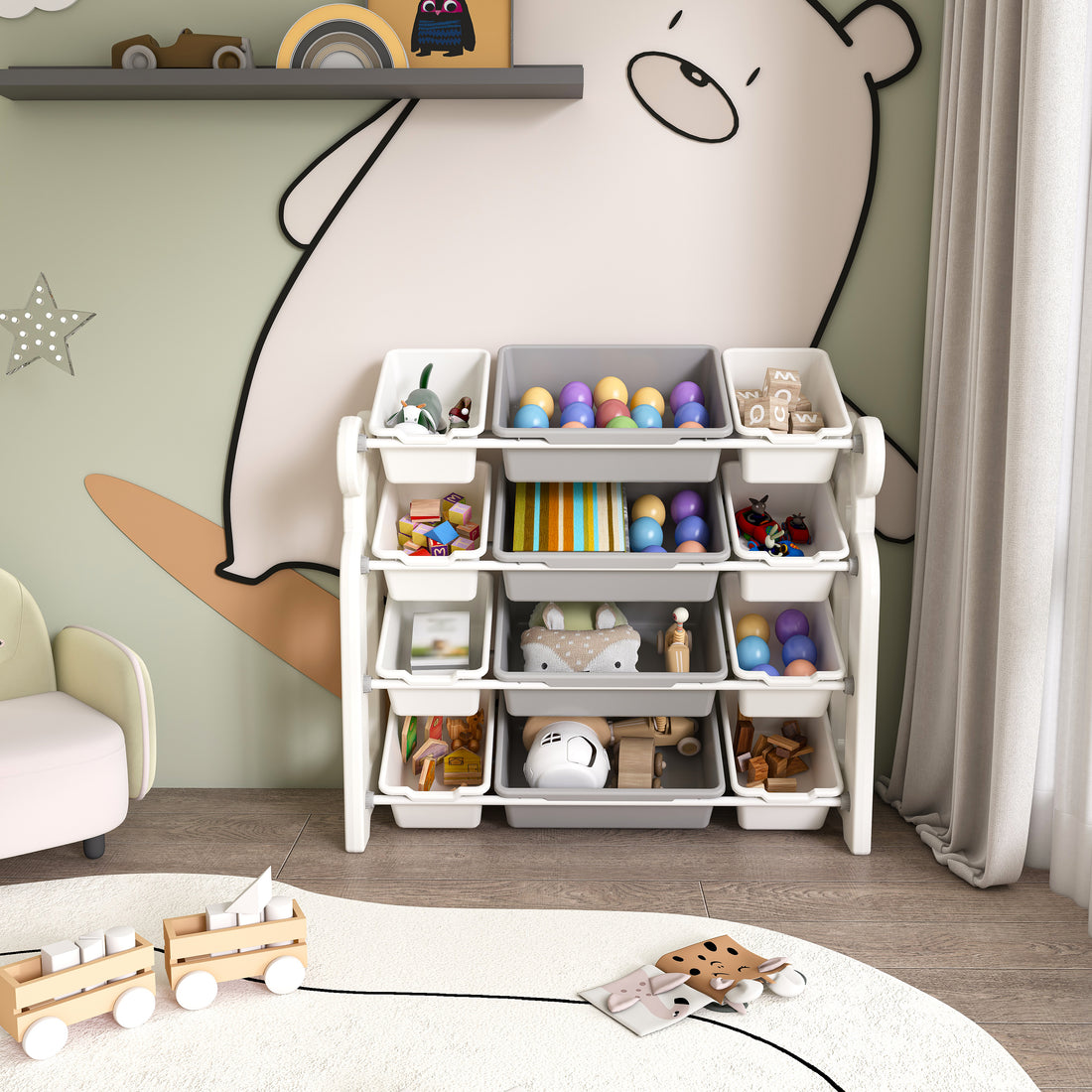Kids Toy Storage Organizer With 12 Bins, Multi-functional Nursery Organizer Kids Furniture Set Toy Storage Cabinet Unit With HDPE Shelf And Bins For Playroom, Bedroom, Living Room Grey White Color