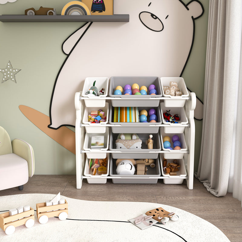 Kids Toy Storage Organizer With 12 Bins, Multi-functional Nursery Organizer Kids Furniture Set Toy Storage Cabinet Unit With HDPE Shelf And Bins For Playroom, Bedroom, Living Room Grey White Color