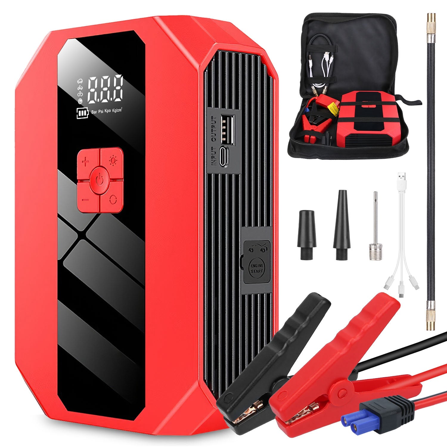 1Pc Portable Car Jump Starter: 1500A &amp; 400PSI Air Compressor