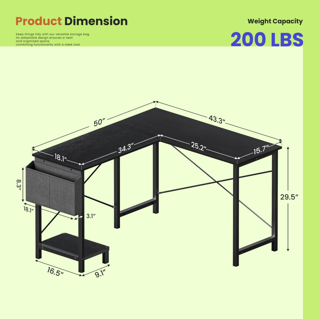 49-Inch L Shaped Desk - Computer Desk Corner Desks Gaming Desk PC Table, With CPU Stand Side Bag For Home Office Dorm Sturdy Writing Workstation