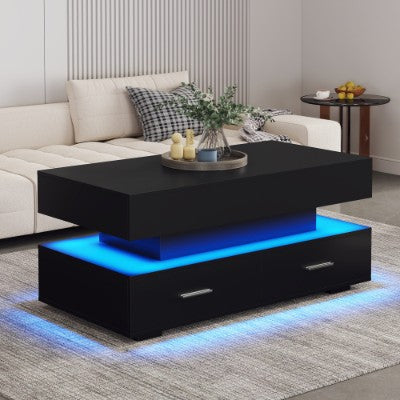 Hydraulic Lift Top Coffee Table, LED Coffee Tables With Storage For Living Room, Coffee Table With 2 Drawers &amp; LED Light For Dining Reception Room, Black