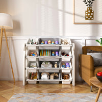 Kids Toy Storage Organizer With 12 Bins, Multi-functional Nursery Organizer Kids Furniture Set Toy Storage Cabinet Unit With HDPE Shelf And Bins For Playroom, Bedroom, Living Room Grey White Color