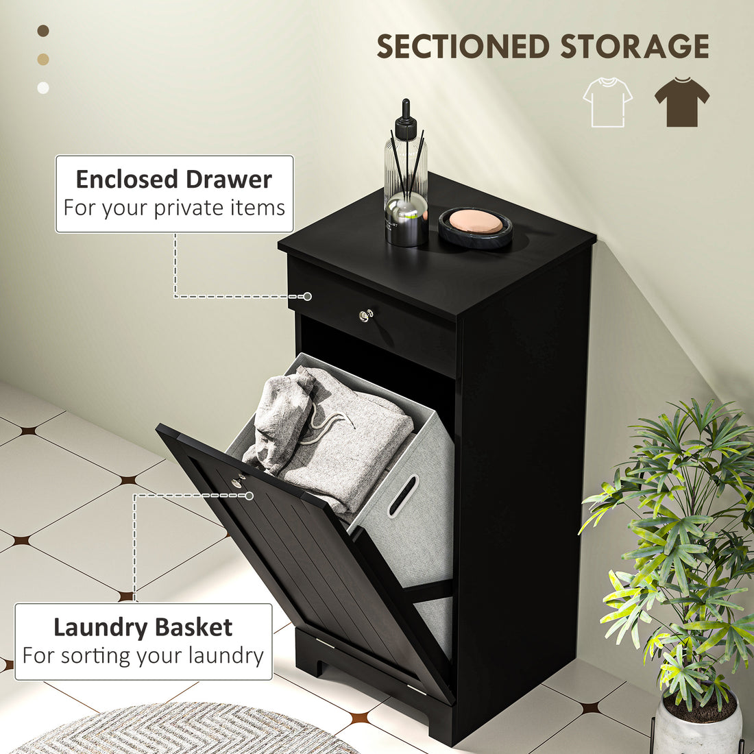 Laundry Hamper Cabinet, Laundry Cabinet with Tilt Out Laundry Basket and Drawer, Black
