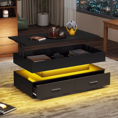 Hydraulic Lift Top Coffee Table, LED Coffee Tables With Storage For Living Room, Coffee Table With 2 Drawers &amp; LED Light For Dining Reception Room, Black