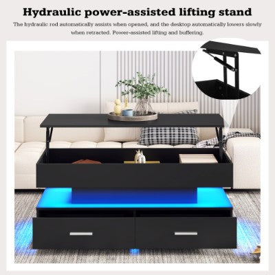 Hydraulic Lift Top Coffee Table, LED Coffee Tables With Storage For Living Room, Coffee Table With 2 Drawers &amp; LED Light For Dining Reception Room, Black