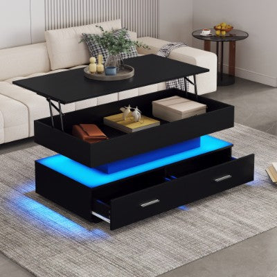 Hydraulic Lift Top Coffee Table, LED Coffee Tables With Storage For Living Room, Coffee Table With 2 Drawers &amp; LED Light For Dining Reception Room, Black