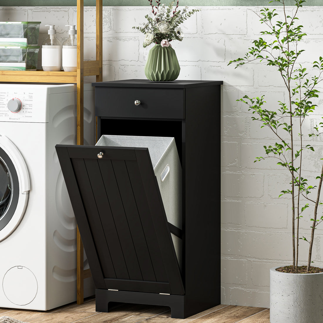 Laundry Hamper Cabinet, Laundry Cabinet with Tilt Out Laundry Basket and Drawer, Black